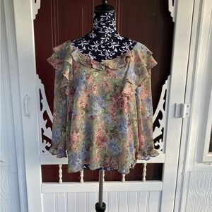 Cato Women's Sheer Floral Crepe Ruffle Poet Blouse Top Open Back with tie bow